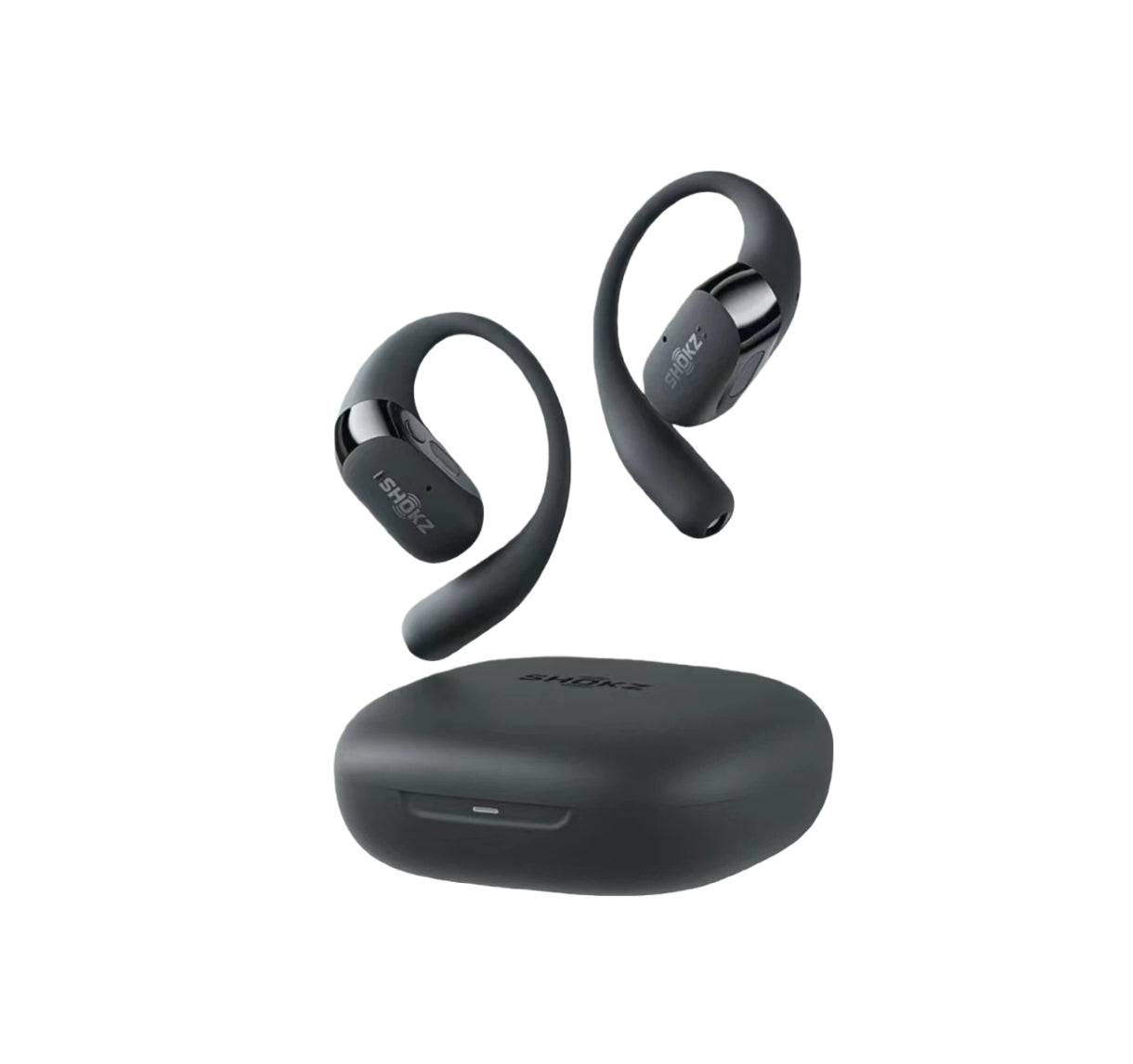 Black Shokz OpenFit 2+ wireless open-ear headphones with matte finish and compact charging case — ideal for gym workouts, running, and daily commutes.
