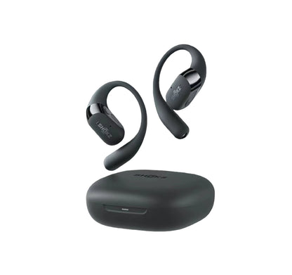 Black Shokz OpenFit 2+ wireless open-ear headphones with matte finish and compact charging case — ideal for gym workouts, running, and daily commutes.