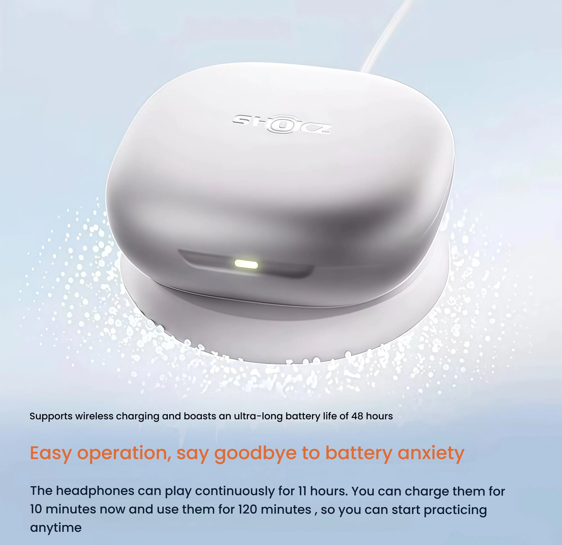 Shokz OpenFit 2+ charging case with wireless charging support — provides up to 48 hours total battery life, including 11 hours of continuous playback and 10-minute quick charge for 120 minutes of use.