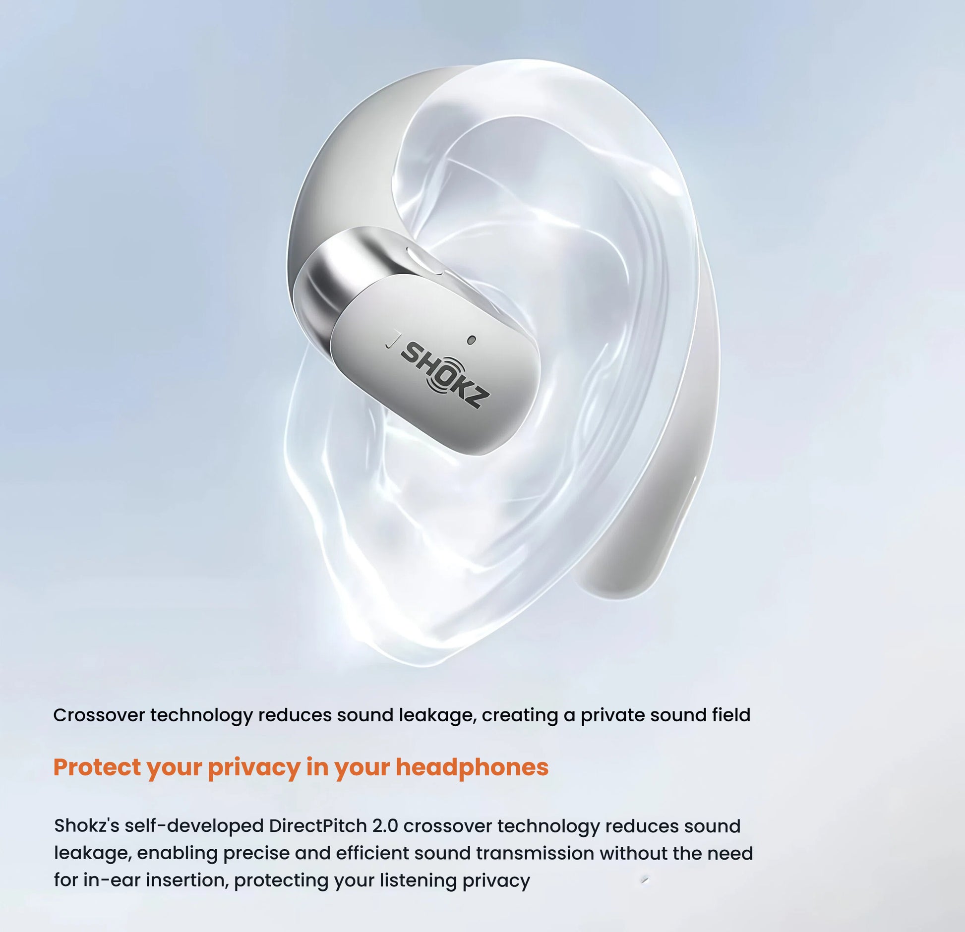 Shokz OpenFit 2+ with DirectPitch 2.0 crossover technology — creates a private sound field that minimizes sound leakage, protecting your listening privacy without in-ear insertion.