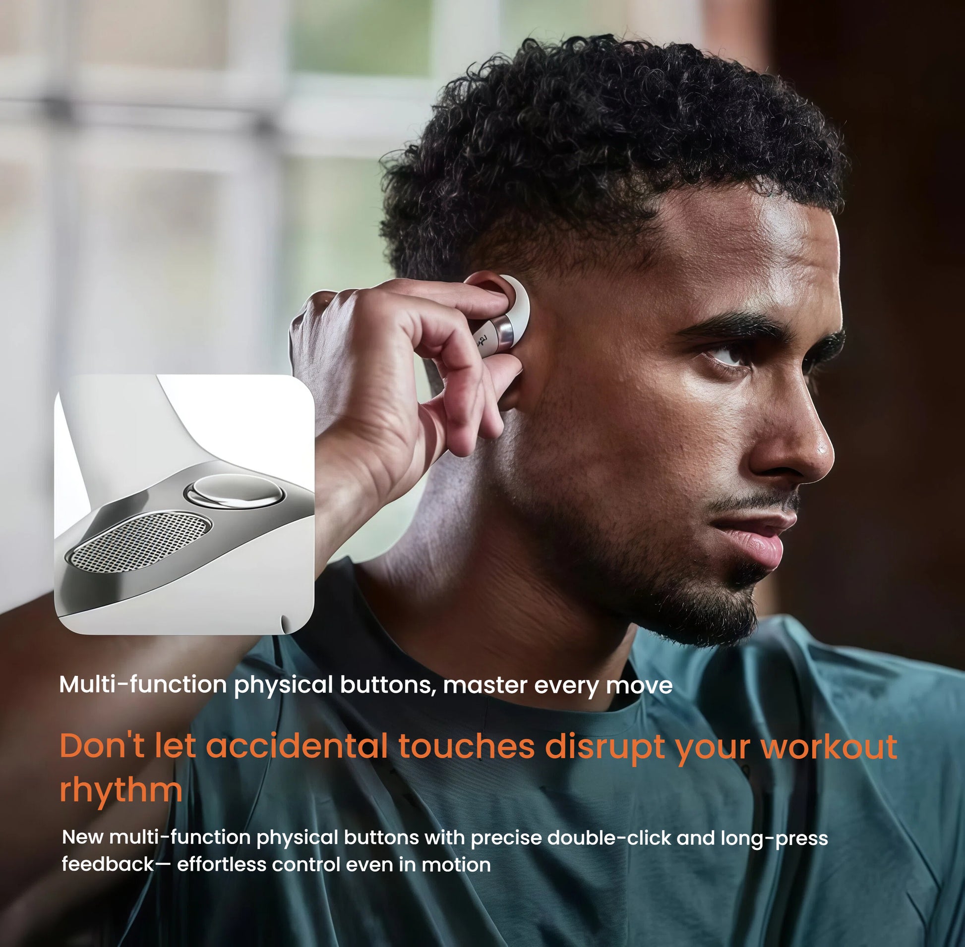 Man wearing Shokz OpenFit 2+ earbuds with multi-function physical buttons — precise double-click and long-press feedback prevent accidental touches during intense workouts.
