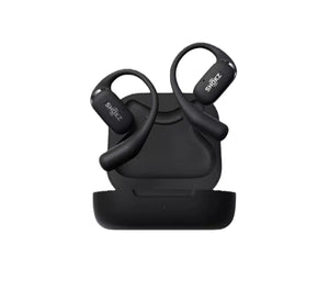 Black Shokz OpenFit wireless open-ear headphones resting in charging case, featuring sleek design, durable build, and premium comfort.