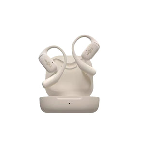 White Shokz OpenFit wireless open-ear headphones neatly placed in their compact charging case, designed for portability and seamless charging.