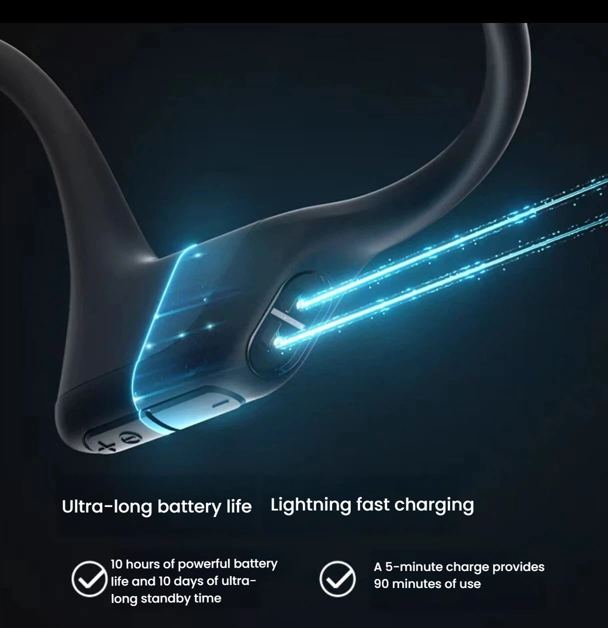 Shokz OpenRun Pro open-ear headphones with ultra-long battery life — up to 10 hours of playback and 90 minutes of use from just a 5-minute charge.