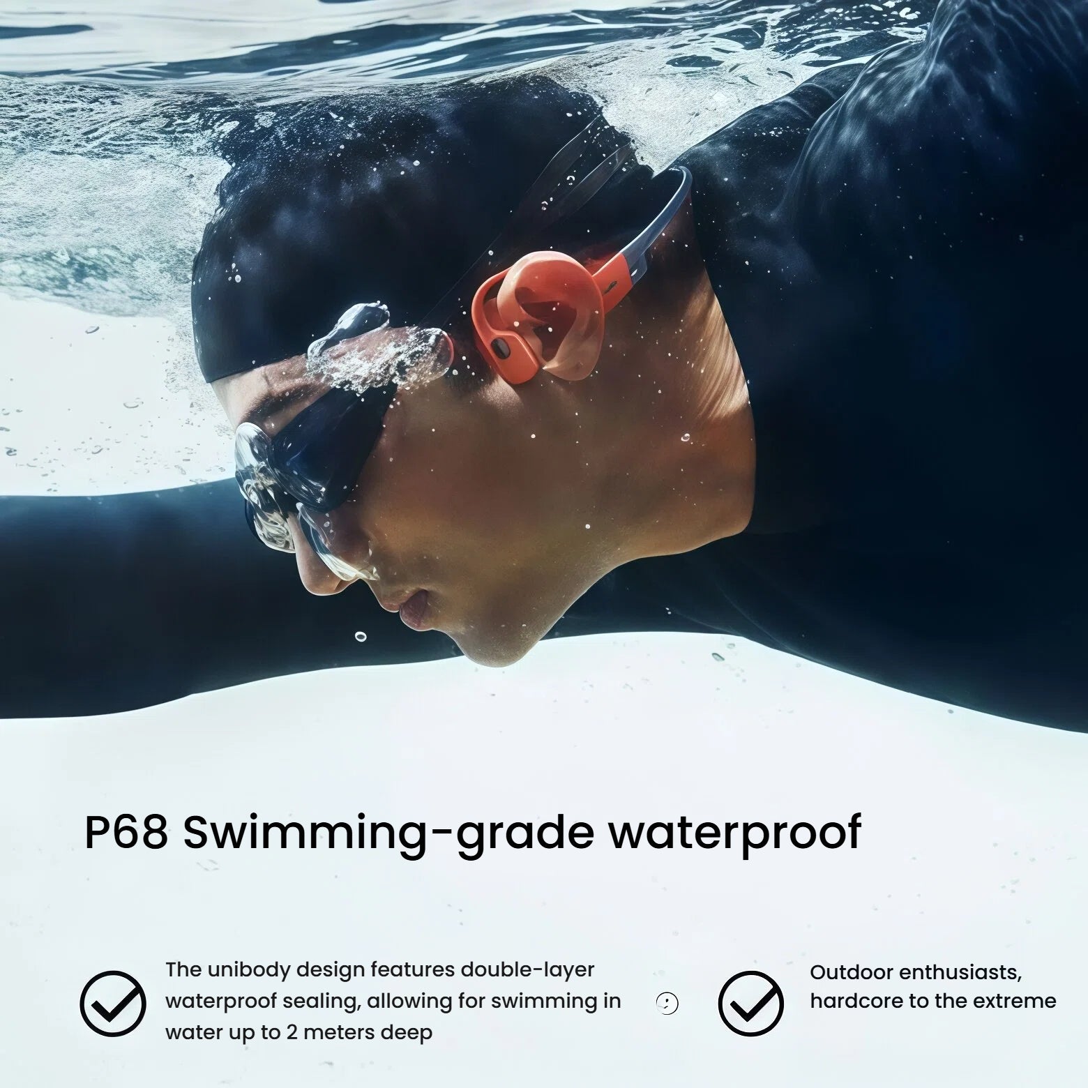 Swimmer wearing Shokz OpenSwim Pro underwater with P68 waterproof rating, ideal for deep water training and aquatic activities