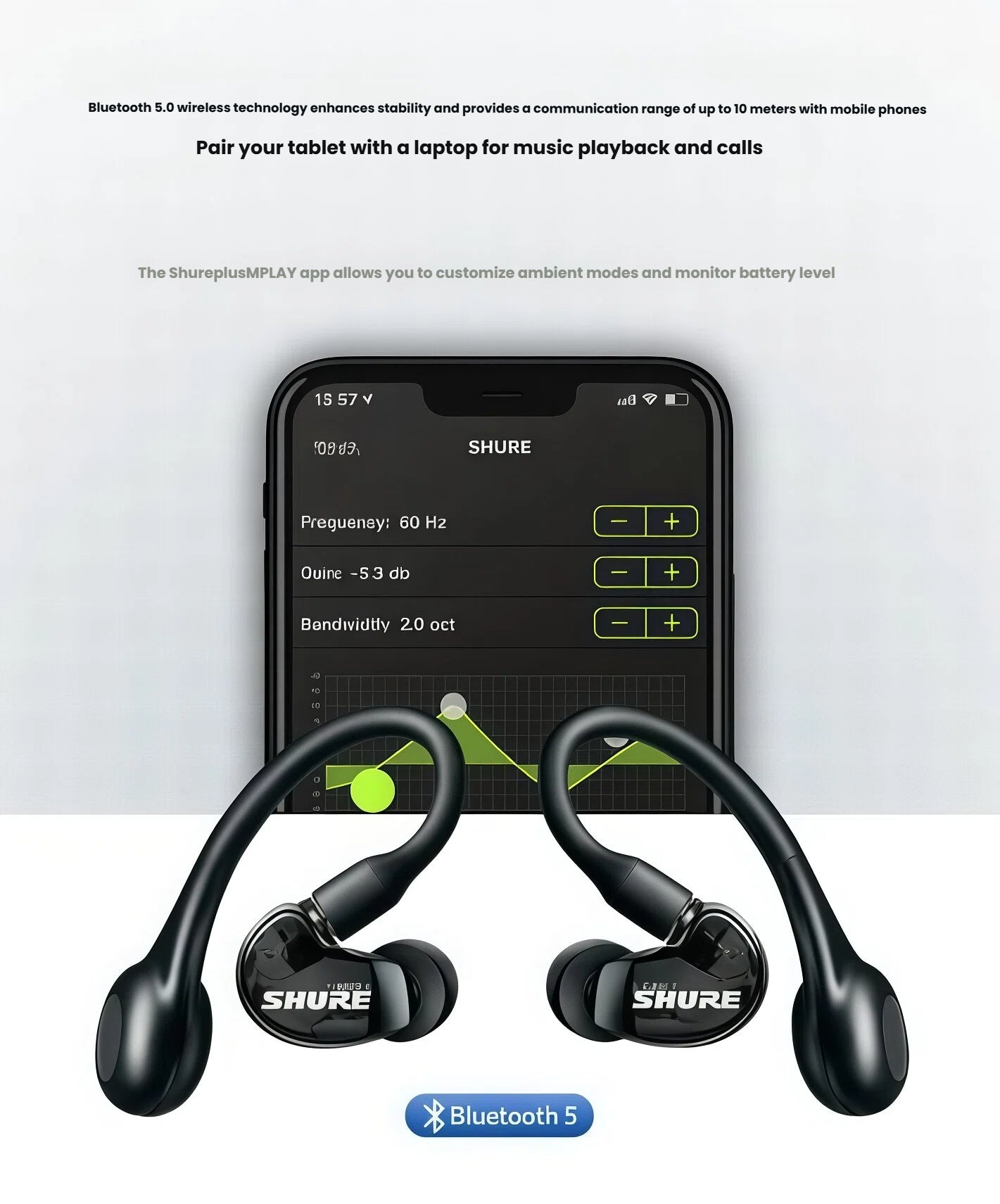 Shure AONIC 215 Gen 2 earbuds paired with smartphone showing ShurePlusMPLAY app interface — customize EQ settings, monitor battery level, and adjust ambient modes.