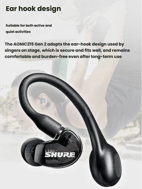 Close-up of Shure AONIC 215 Gen 2 ear hook design worn by a model during physical activity — engineered for stability, comfort, and long-term wear without fatigue.