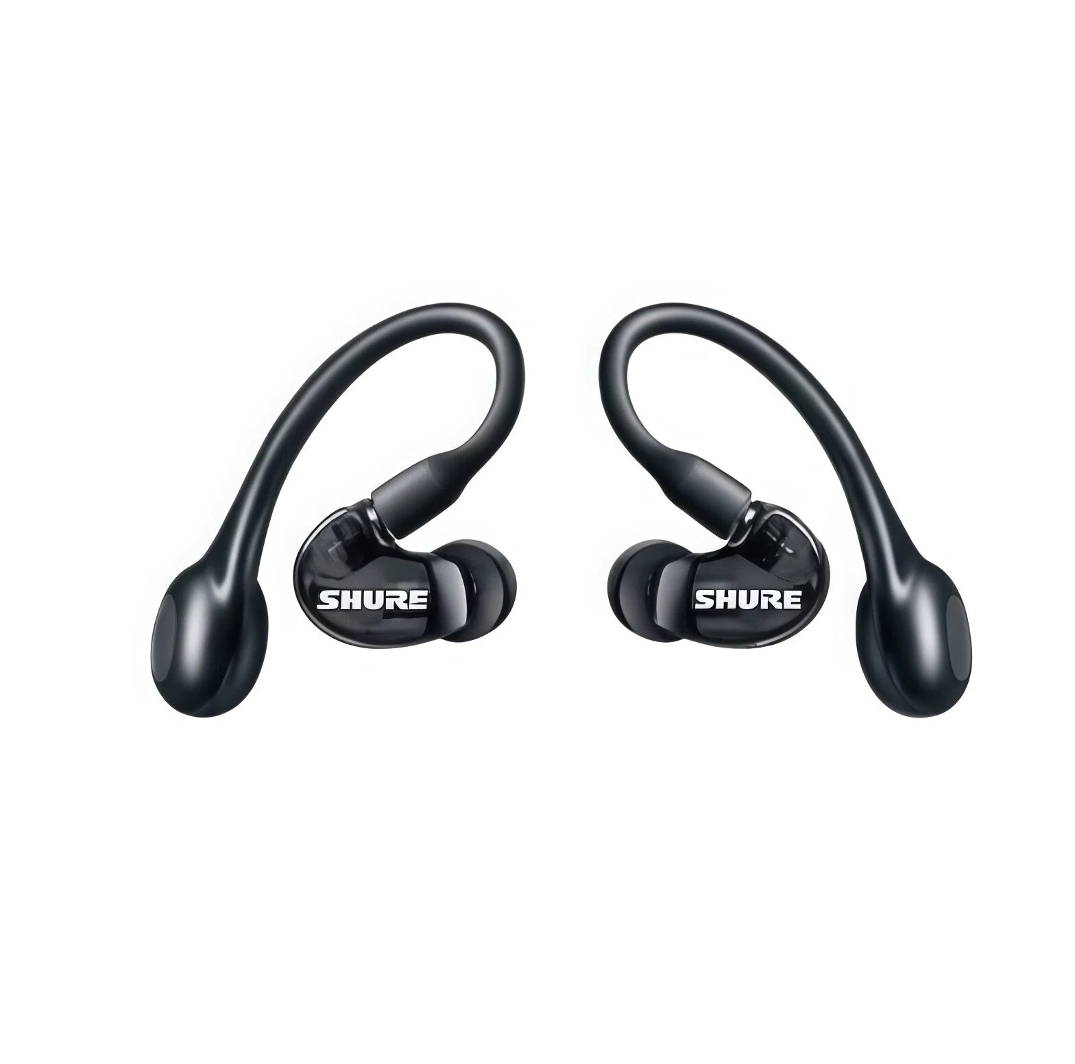 Black Shure AONIC 215 Gen 2 true wireless earbuds featuring a secure ear-hook design, sleek matte finish, and built-in touch controls — ideal for active users and audiophiles.