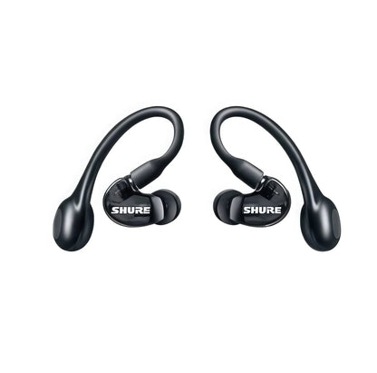 Black Shure AONIC 215 Gen 2 true wireless earbuds featuring a secure ear-hook design, sleek matte finish, and built-in touch controls — ideal for active users and audiophiles.