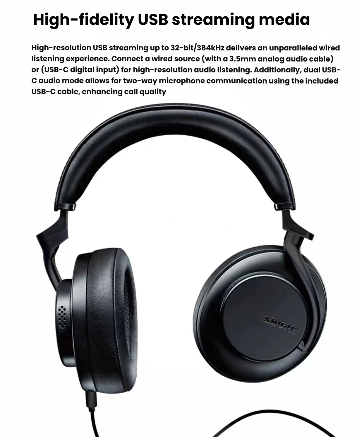 Shure AONIC 50 Gen2 over-ear headphones with high-fidelity USB streaming support, enabling lossless audio via USB-C digital input or 3.5mm analog cable for studio-quality sound.