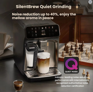 Philips EP5541 espresso machine with a chessboard in the background, emphasizing its quiet grinding technology and noise reduction