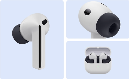 A collage showcasing the design of the white Samsung Galaxy Buds3 FE, including a side view, a close-up of the earbud tip, and the pair inside their case.