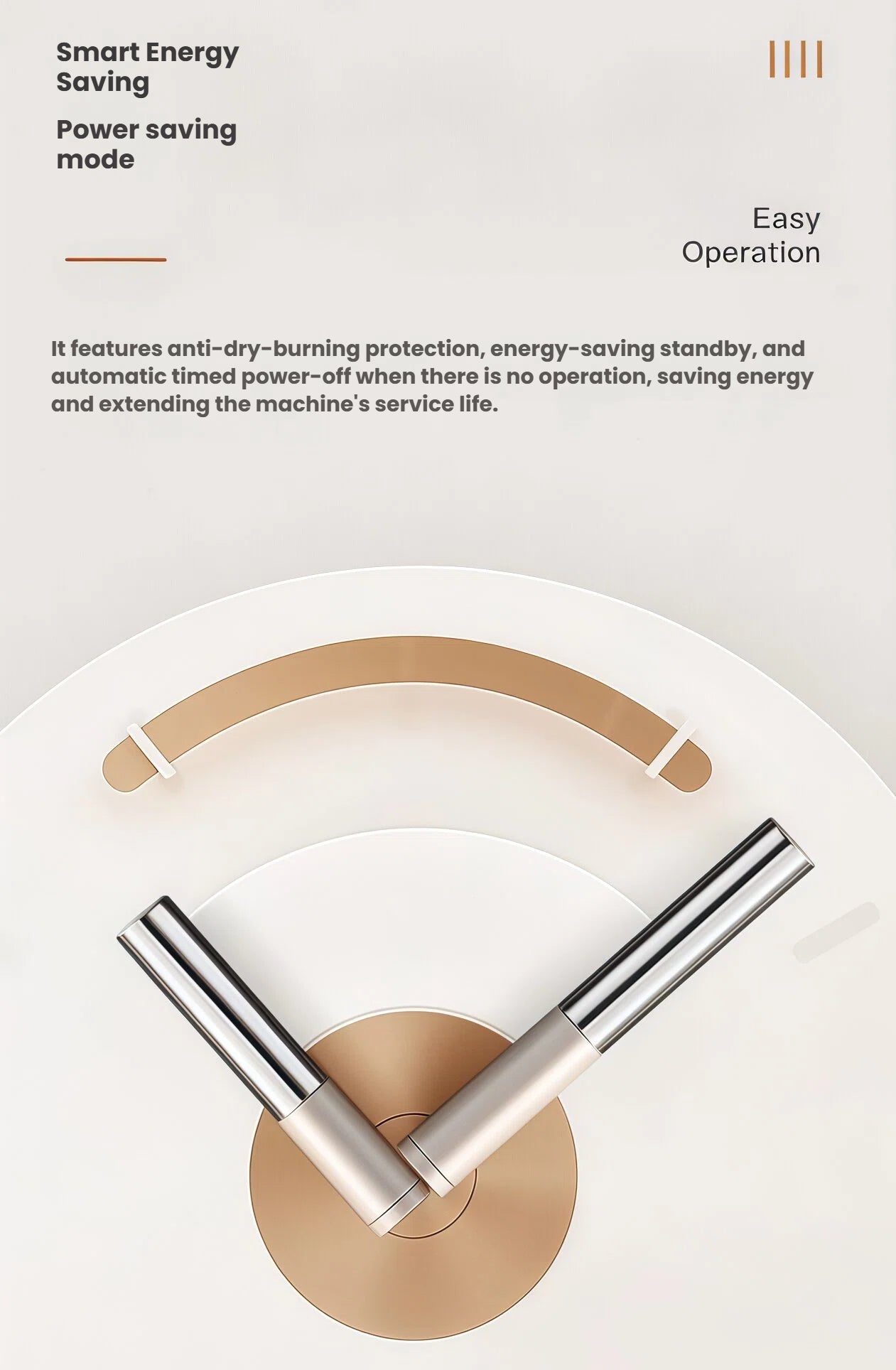 Diagram explaining the smart energy-saving features of the DeLonghi Lattissima One EN510W, including anti-dry-burning protection and automatic power-off.