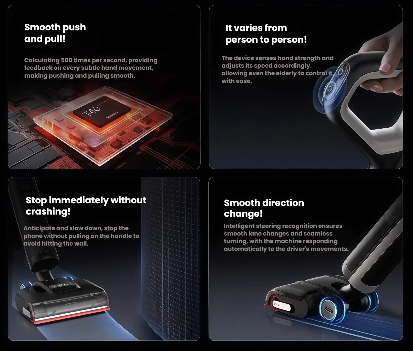  Four-panel graphic illustrating the T40 chip’s 500 Hz hand-motion sensing, adaptive speed control, instant stop, and smooth lane-change capabilities.