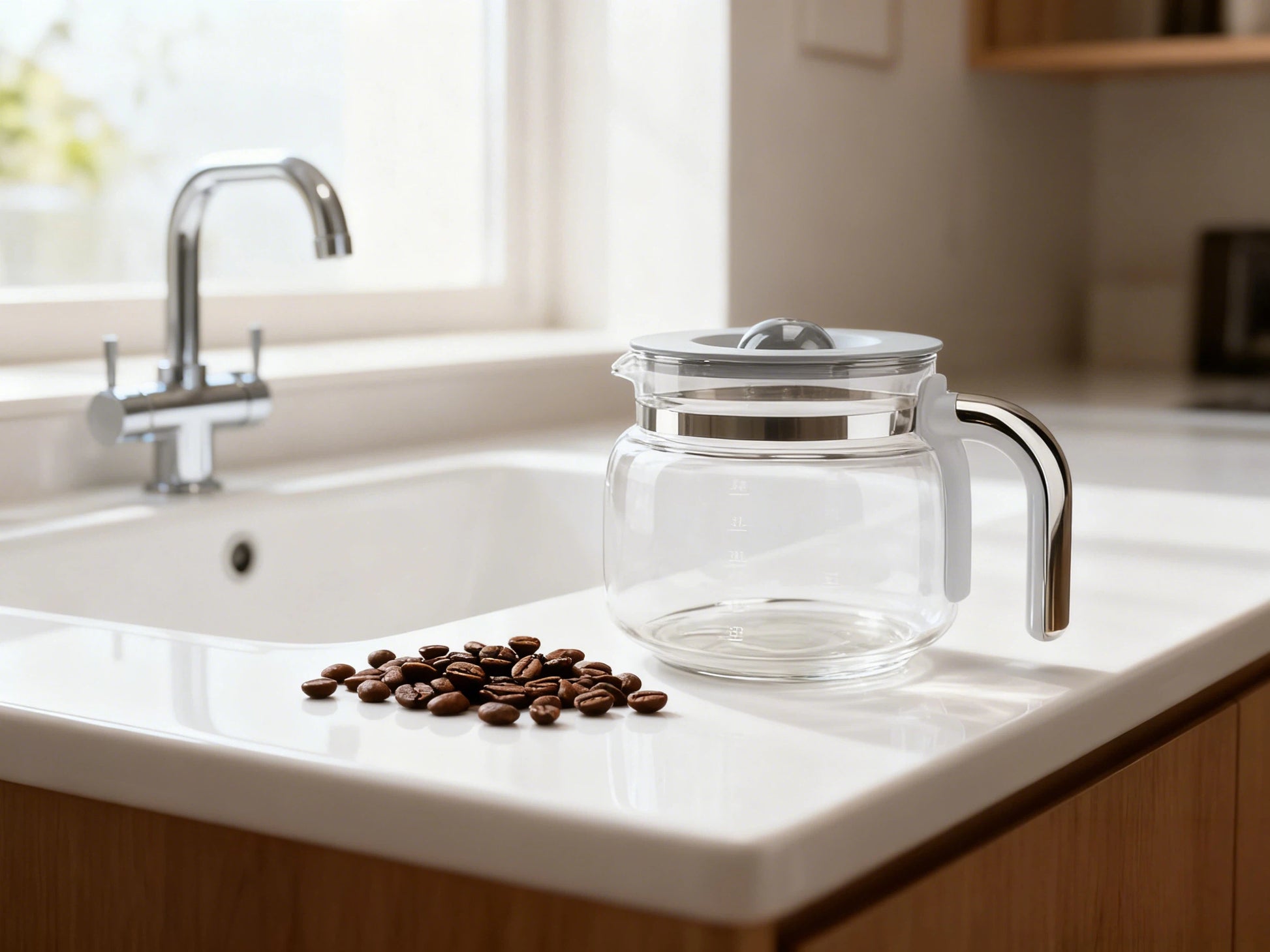 The Smeg 50's Retro Style collection in cream, showcasing the drip coffee maker and its glass carafe next to a matching Smeg toaster, with a Smeg espresso machine visible in the background of a bright kitchen.