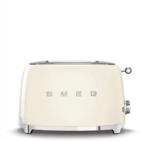  The iconic Smeg 50's Style 4-Slice Toaster shown from the front in a classic cream finish with a polished chrome base and SMEG logo, on a clean white background.