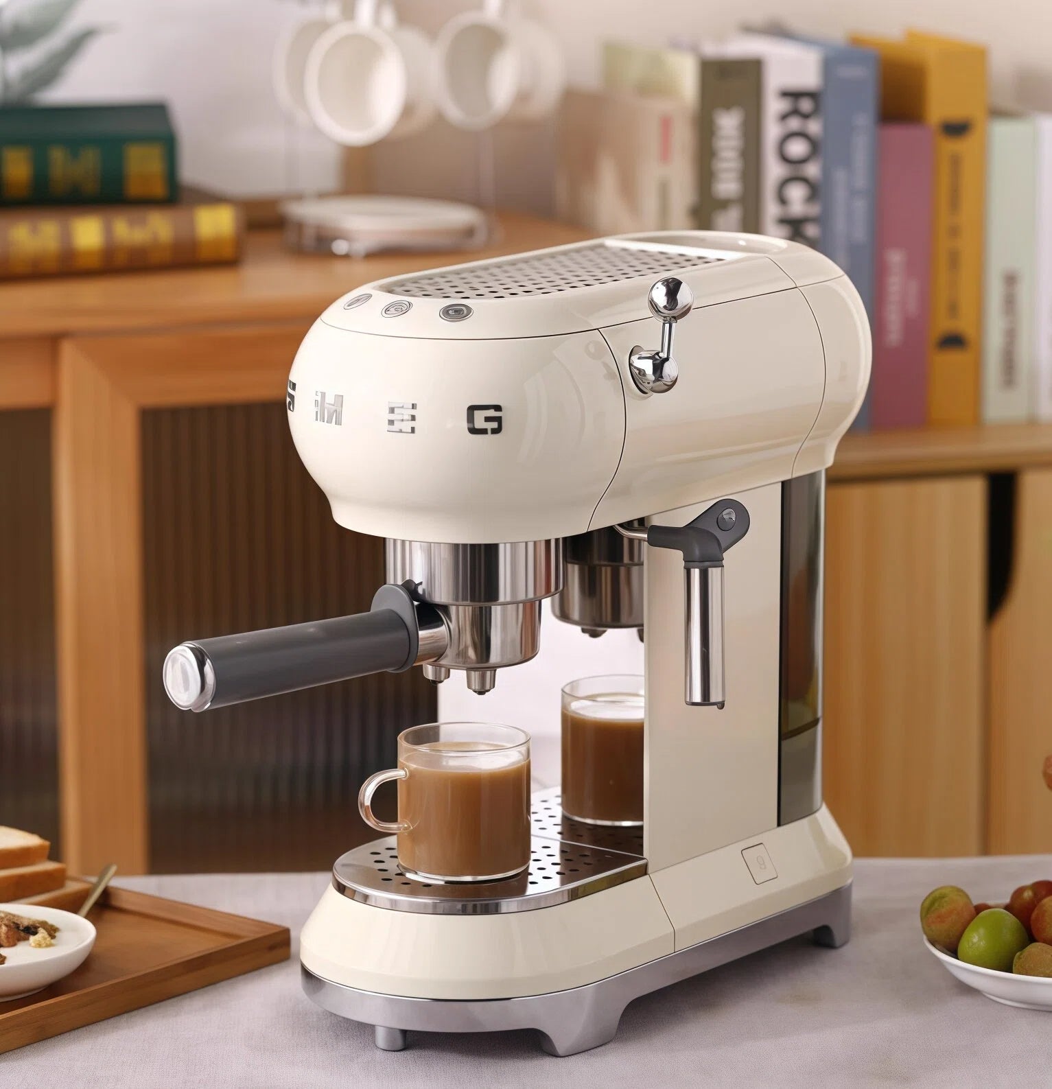The cream Smeg 50s Style Espresso Coffee Machine brewing two cups of coffee in a stylish, modern kitchen setting, showcasing its timeless retro design.
