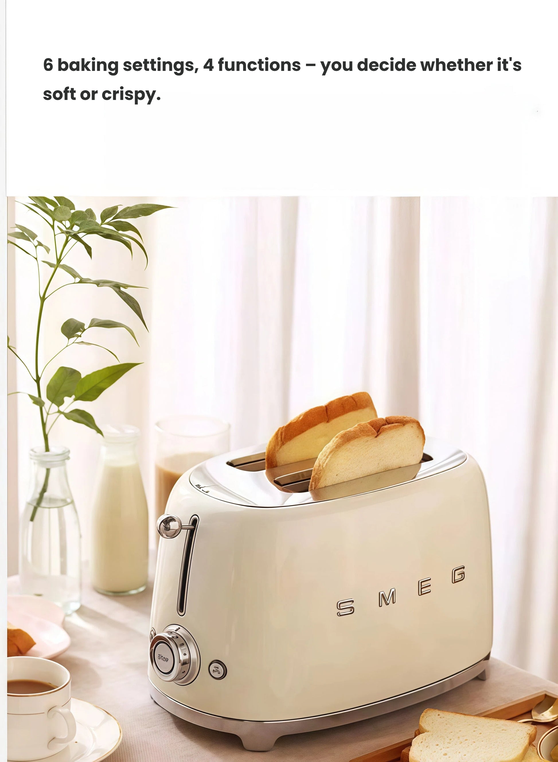 The Smeg 50's Style toaster with two slices of perfectly browned toast popping up, set on a breakfast table to illustrate its 6 versatile baking settings and 4 functions for customized toasting.
