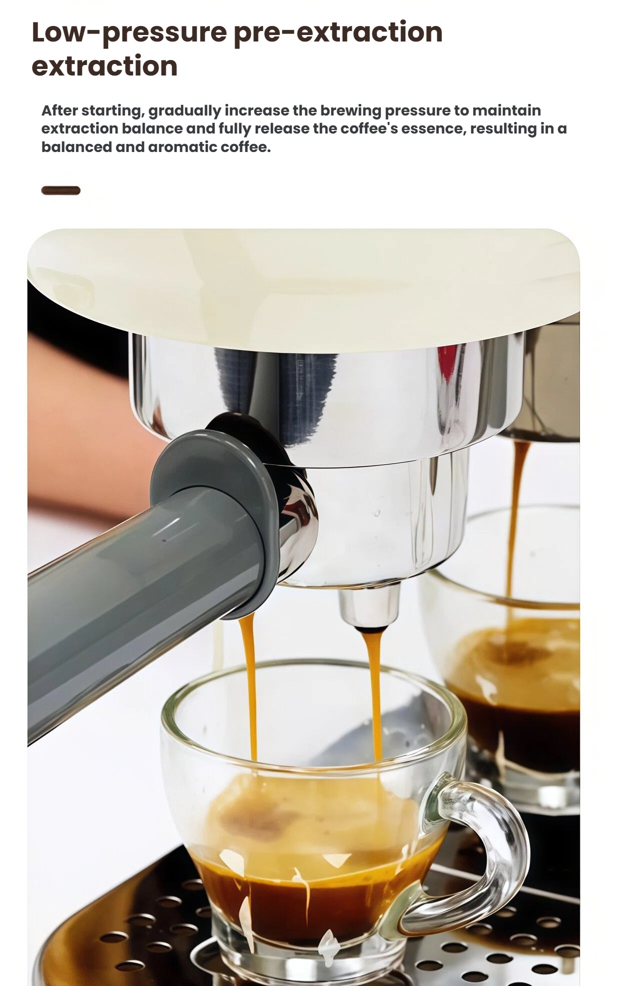 A close-up action shot of the Smeg ECF02 portafilter extracting two streams of rich, balanced espresso with perfect crema into glass cups, demonstrating its low-pressure pre-extraction technology.