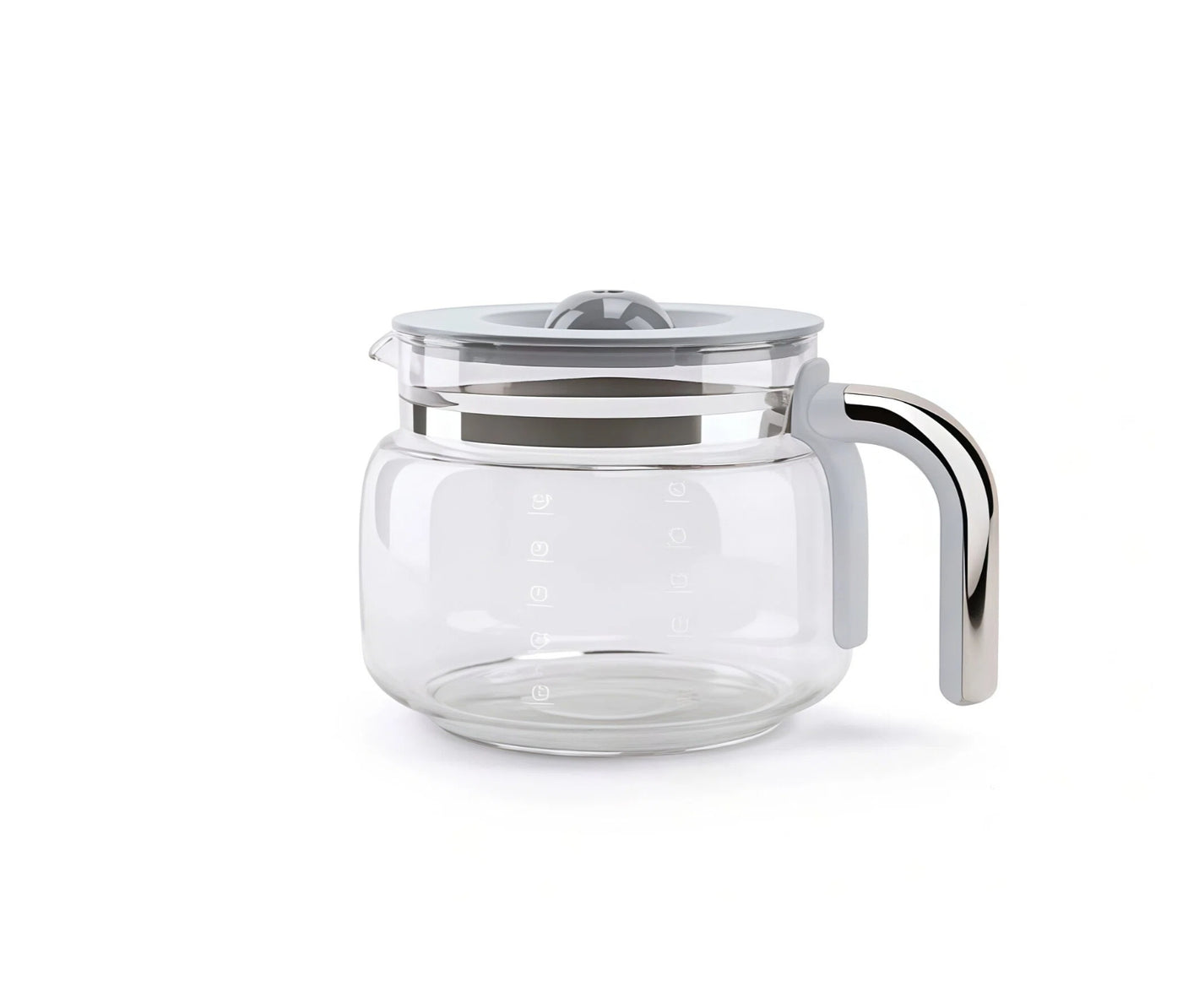 The empty Smeg glass coffee pot sits on a wooden surface surrounded by fresh, whole coffee beans, oranges, and white espresso cups, with steam rising in the background.