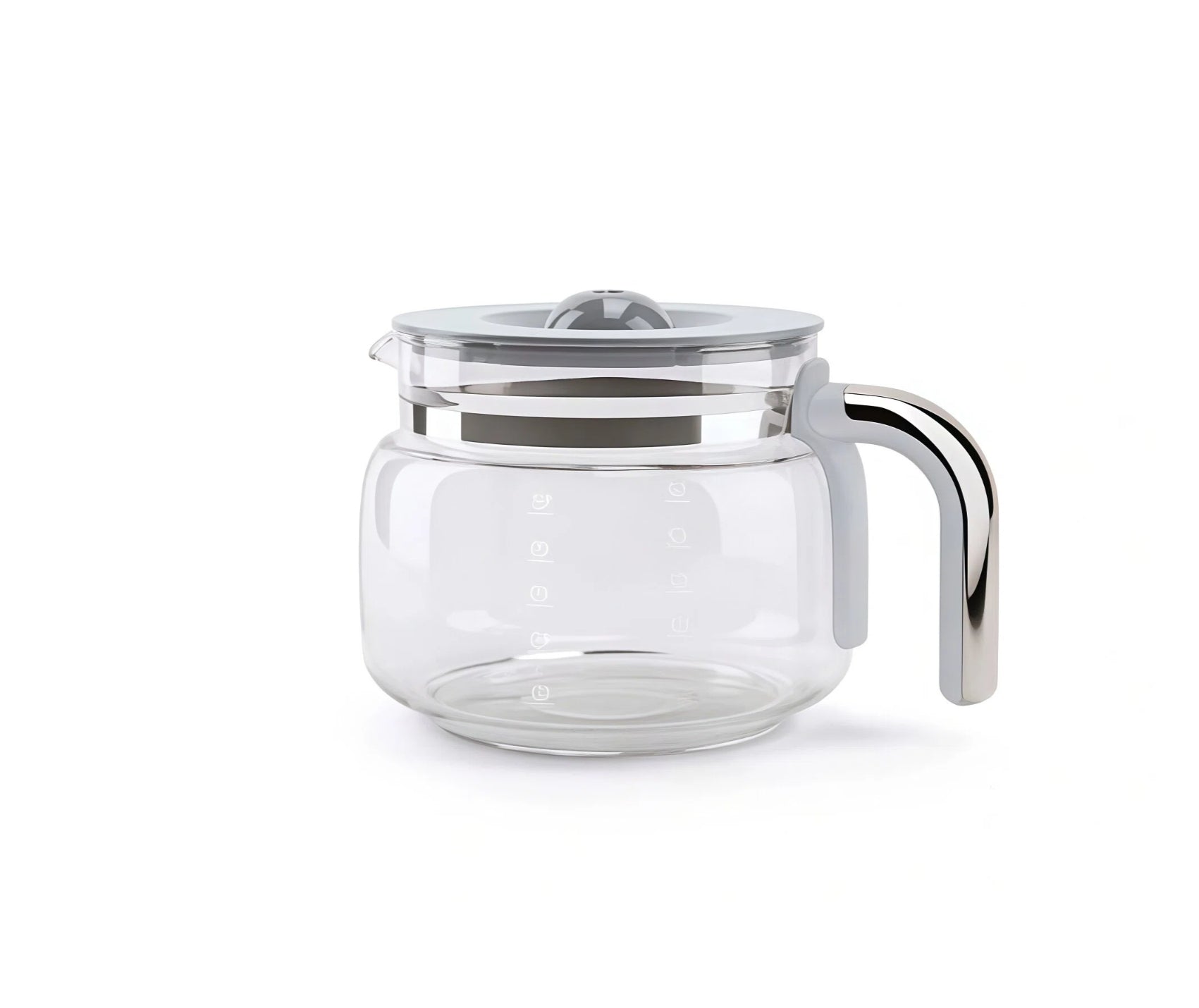 The empty Smeg glass coffee pot sits on a wooden surface surrounded by fresh, whole coffee beans, oranges, and white espresso cups, with steam rising in the background.