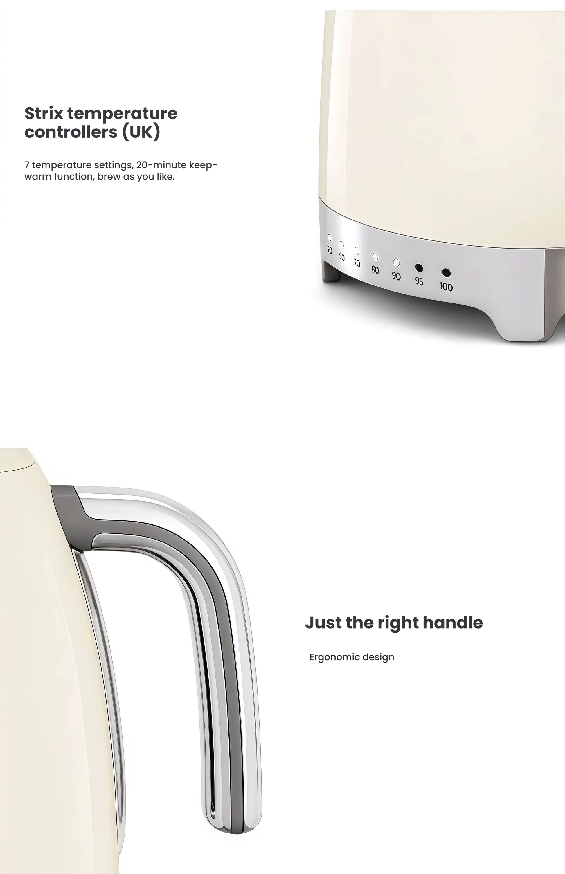  A close-up of the Smeg KLF04 kettle's advanced features, highlighting the base with 7 precise Strix temperature settings and the comfortable, ergonomic chrome handle design.