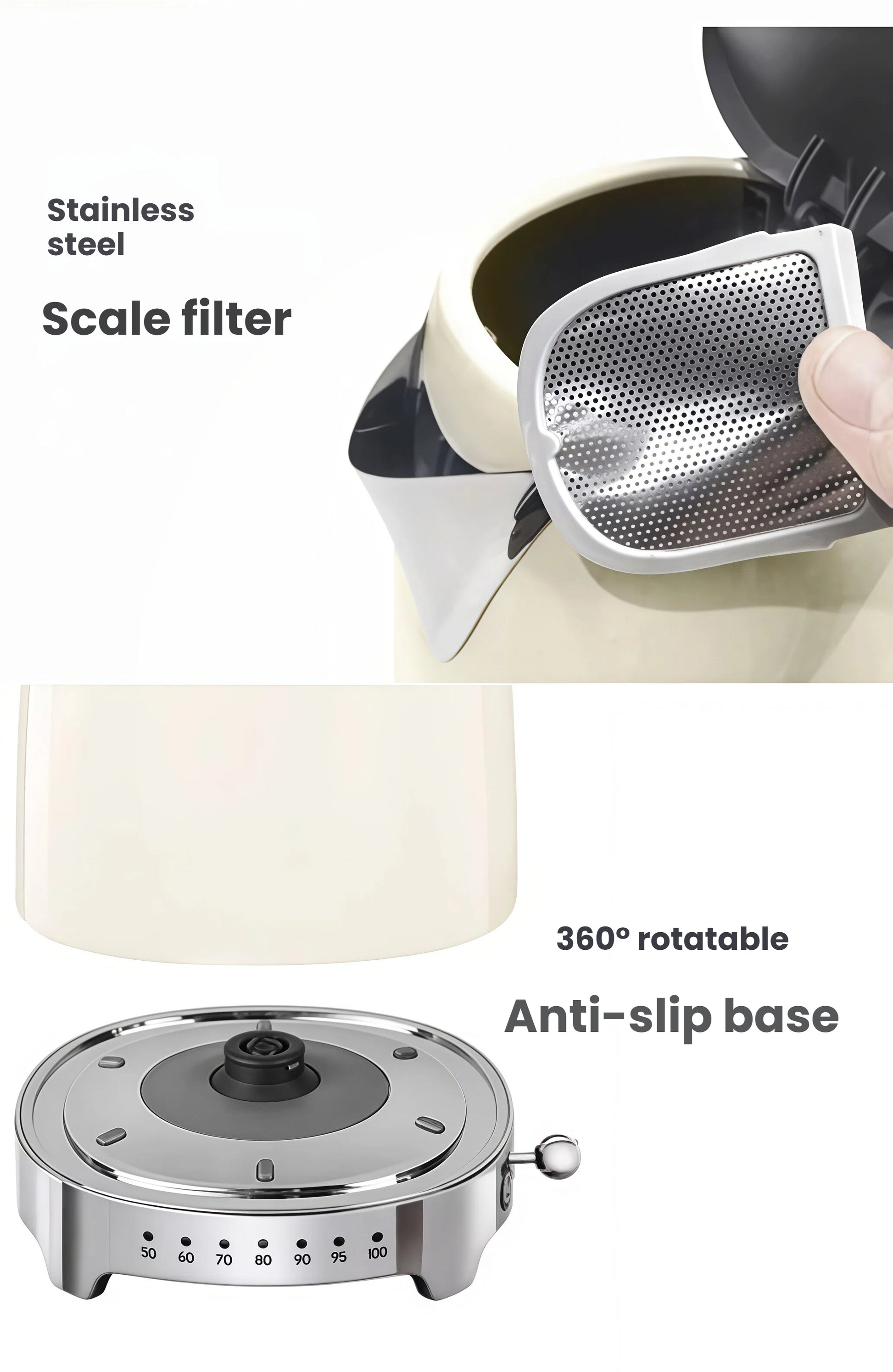 A detailed view of the Smeg KLF04 kettle's practical features, including the easy-to-clean removable stainless steel limescale filter and the 360-degree rotatable, anti-slip base for easy handling.