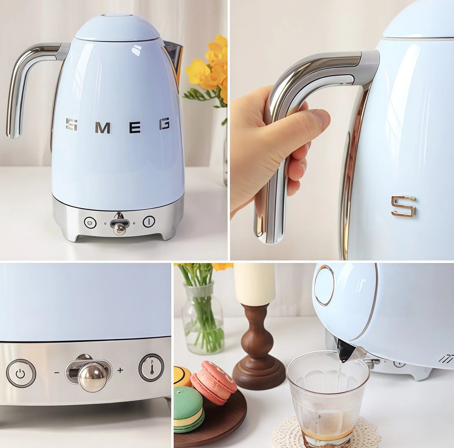 A collage of the Smeg KLF04 kettle in pastel blue, showing detailed close-ups of the ergonomic handle, the variable temperature control knob, and its smooth pouring action.