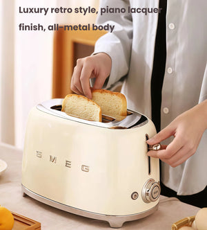 A person using the cream Smeg 50's Style 4-Slice Toaster, placing bread into the extra-wide slots, showcasing its luxury retro style and premium all-metal, piano lacquer finish.