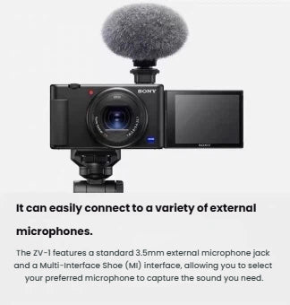  Sony ZV-1 camera mounted on a tripod showing the 3.5 mm external microphone jack and Multi-Interface Shoe for connecting professional mics and accessories.
