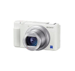  Front view of the Sony Cyber-shot ZV-1 vlog camera in white, featuring the Zeiss Vario-Sonnar T* 24-70 mm lens and compact body for content creators.