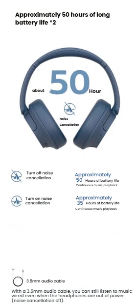 A breakdown of the Sony WH-CH720N's long battery life: approximately 50 hours with noise cancellation off and 35 hours with noise cancellation on