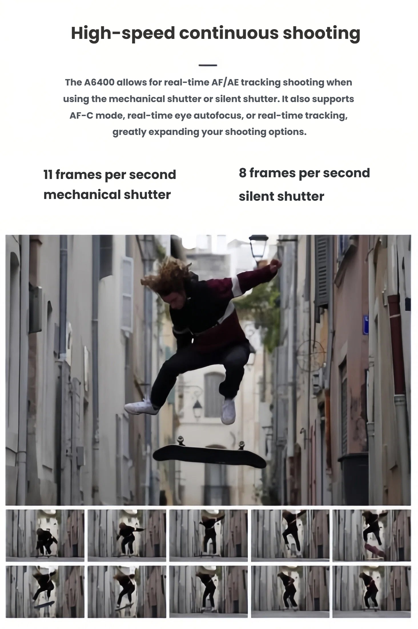 11-frame burst sequence of skateboarder jump, illustrating 11 fps mechanical shutter on Sony A6400.