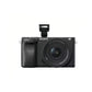 Front view of Sony A6400 mirrorless camera with 16-50 mm kit lens and built-in pop-up flash extended.