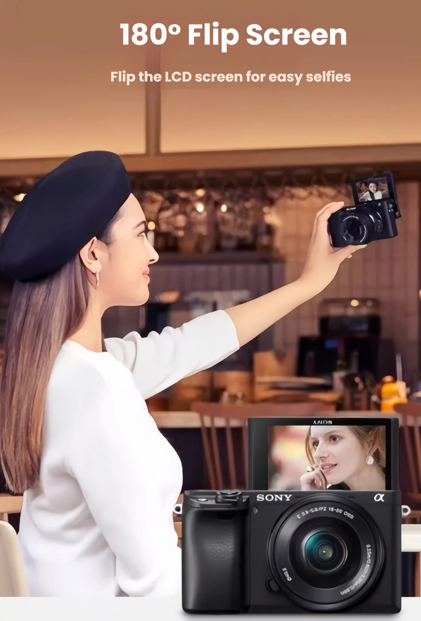  Woman in café using Sony A6400’s fully articulating 180° touchscreen for selfie vlogging.
