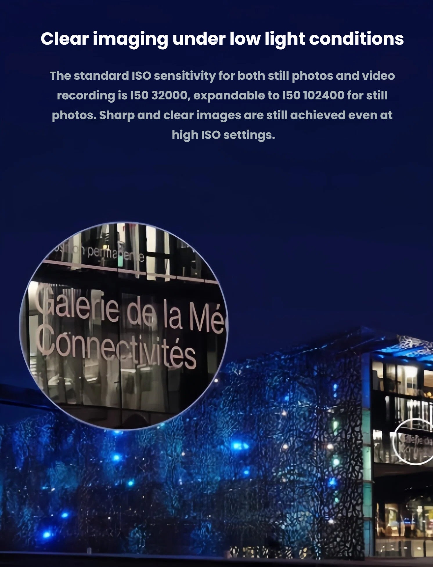 Night building shot at high ISO, showcasing clean low-light performance up to ISO 102400 on Sony A6400.