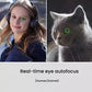 Split-screen showing real-time eye autofocus on woman and cat, highlighting human/animal eye detection.