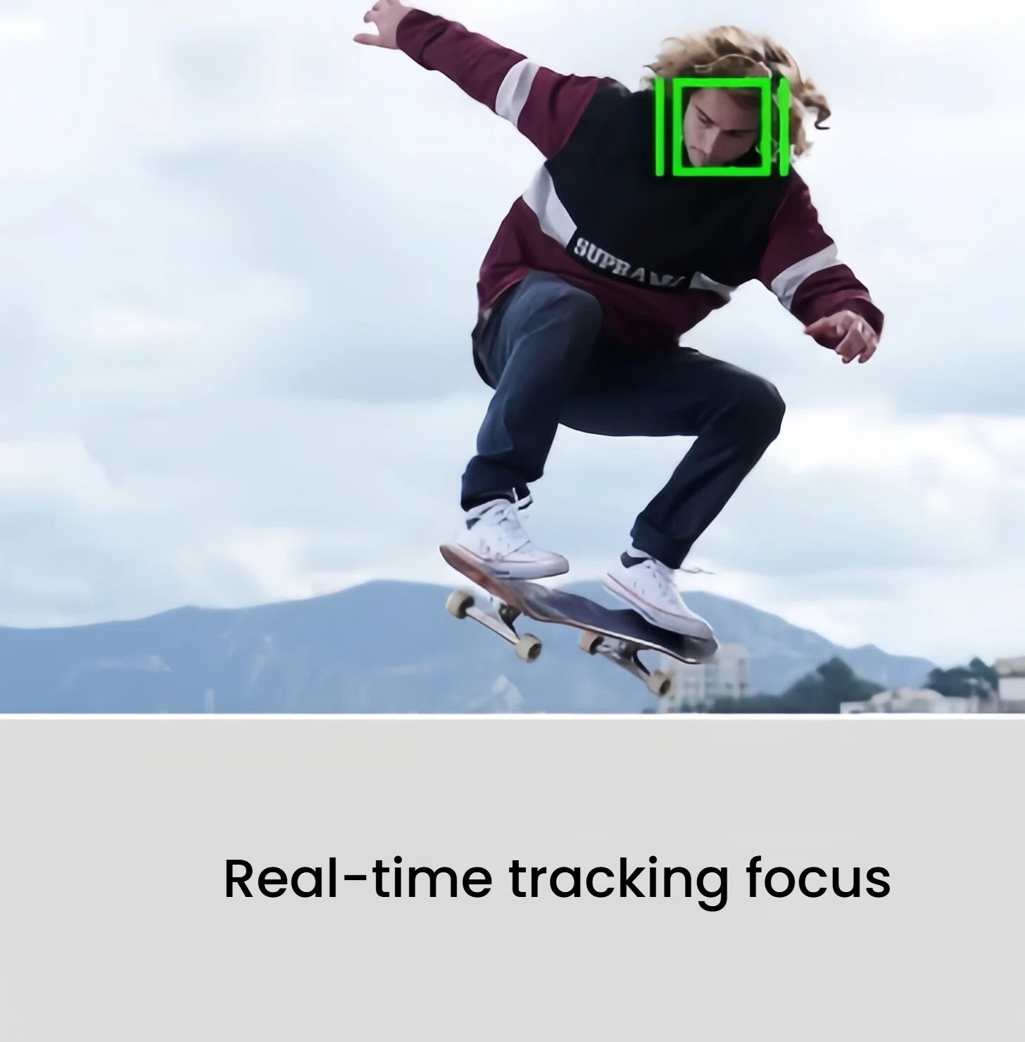 Skateboarder mid-air with green tracking box, demonstrating Sony A6400’s real-time subject tracking.