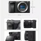Infographic displaying 120 mm × 66.9 mm body size and top, side, rear, and grip angles of Sony A6400.