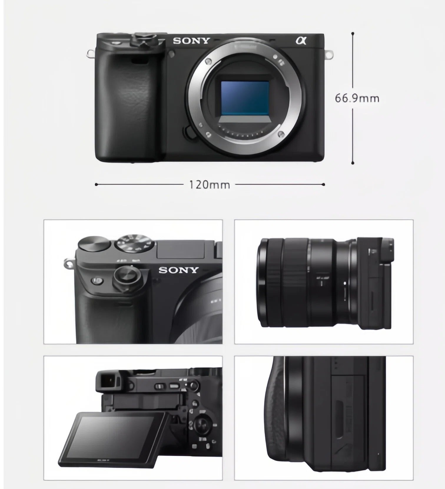 Infographic displaying 120 mm × 66.9 mm body size and top, side, rear, and grip angles of Sony A6400.