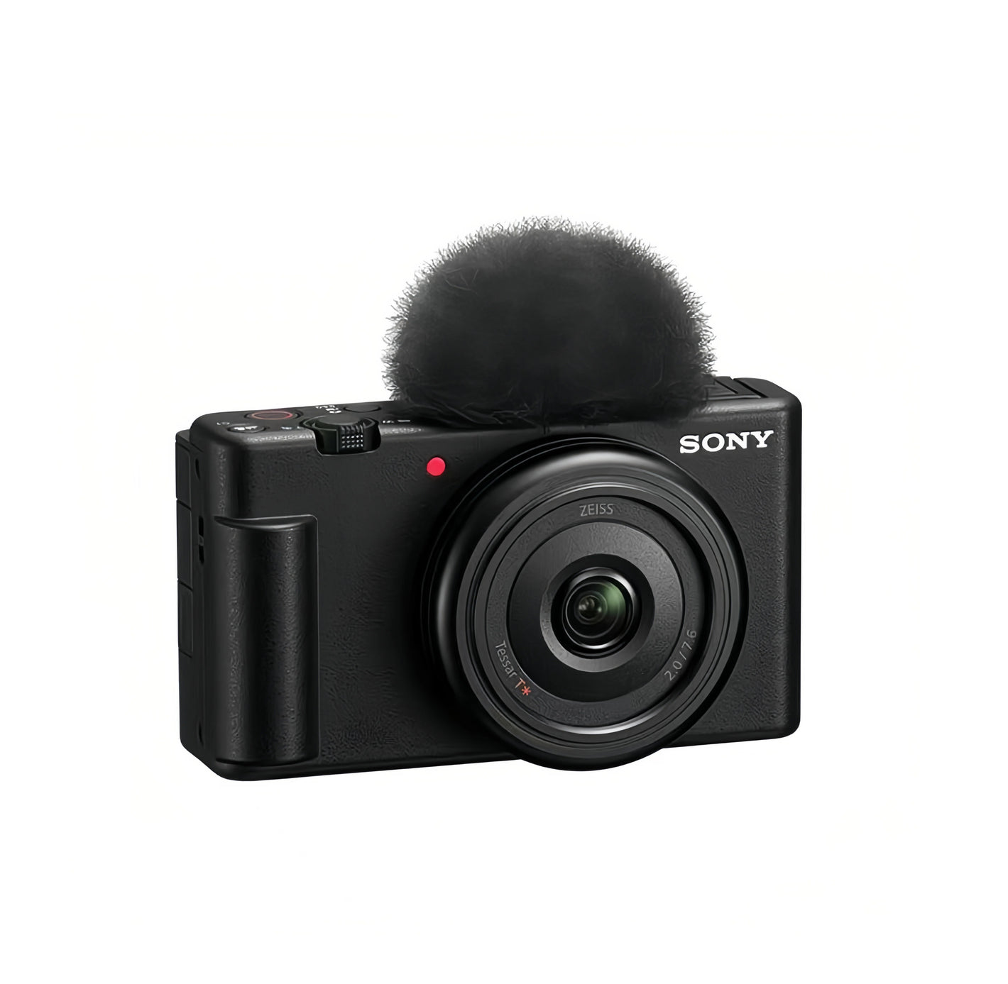 Front view of black Sony ZV-1F 4K vlog camera with 20 mm f/2.0 Zeiss lens and windscreen.
