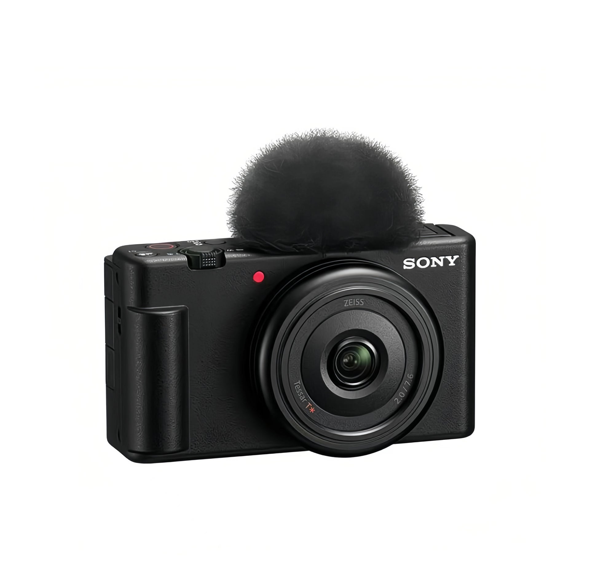 Front view of black Sony ZV-1F 4K vlog camera with 20 mm f/2.0 Zeiss lens and windscreen.