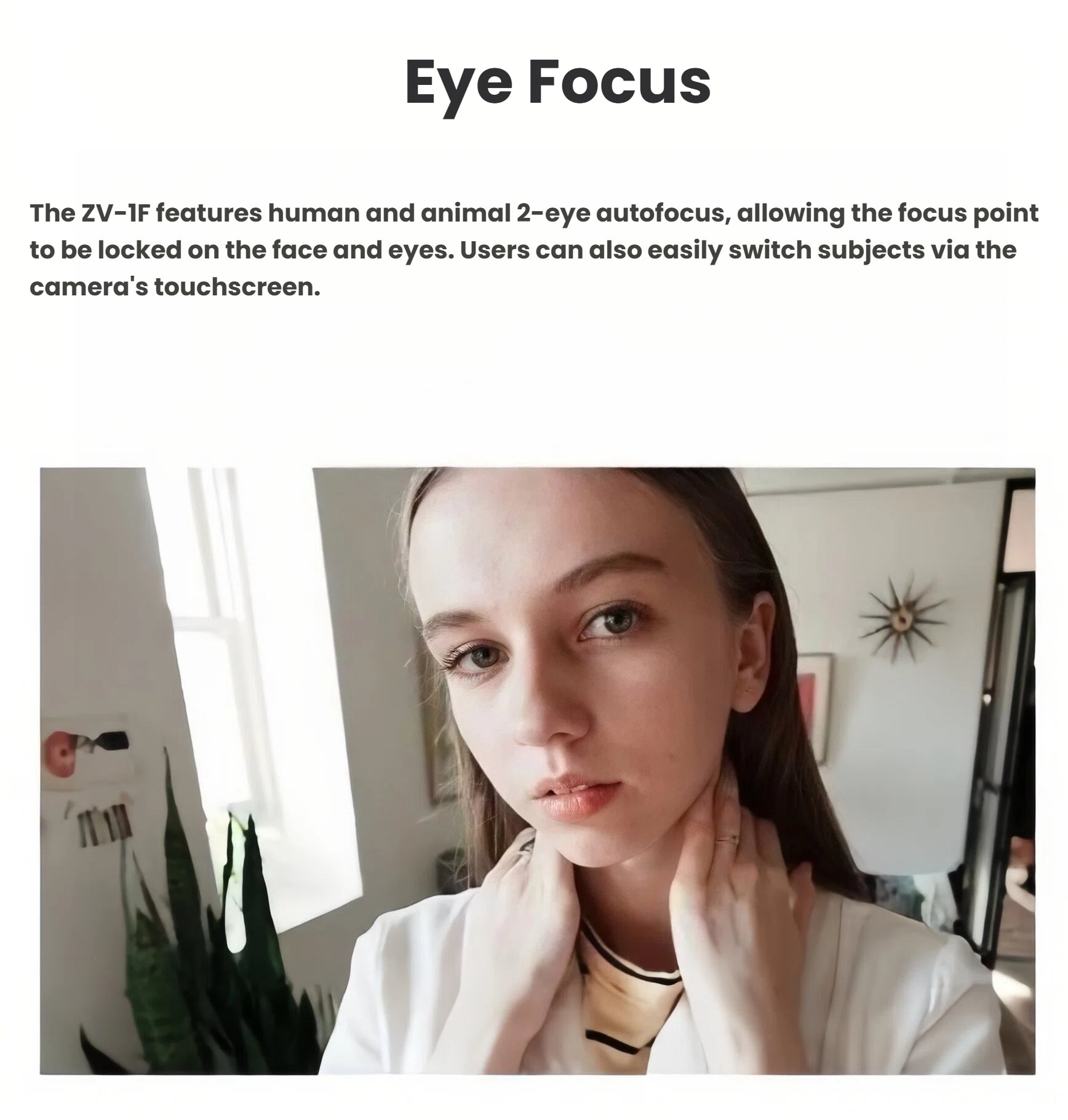 Close-up portrait with green eye-tracking box, highlighting Sony ZV-1F’s real-time eye autofocus for humans and pets.