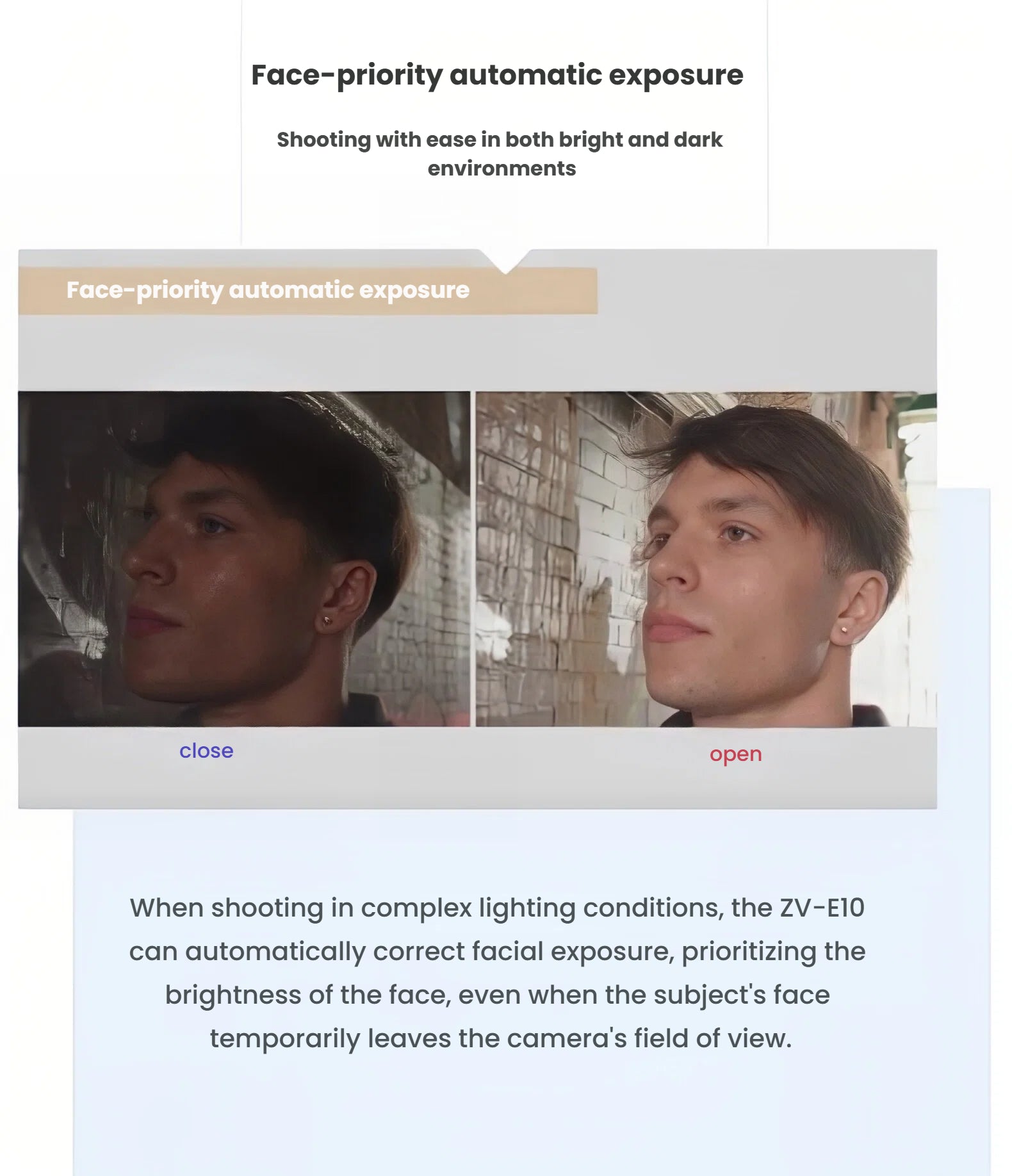 Side-by-side comparison demonstrating Sony ZV-E10’s face-priority auto-exposure correcting backlight for clear facial brightness.