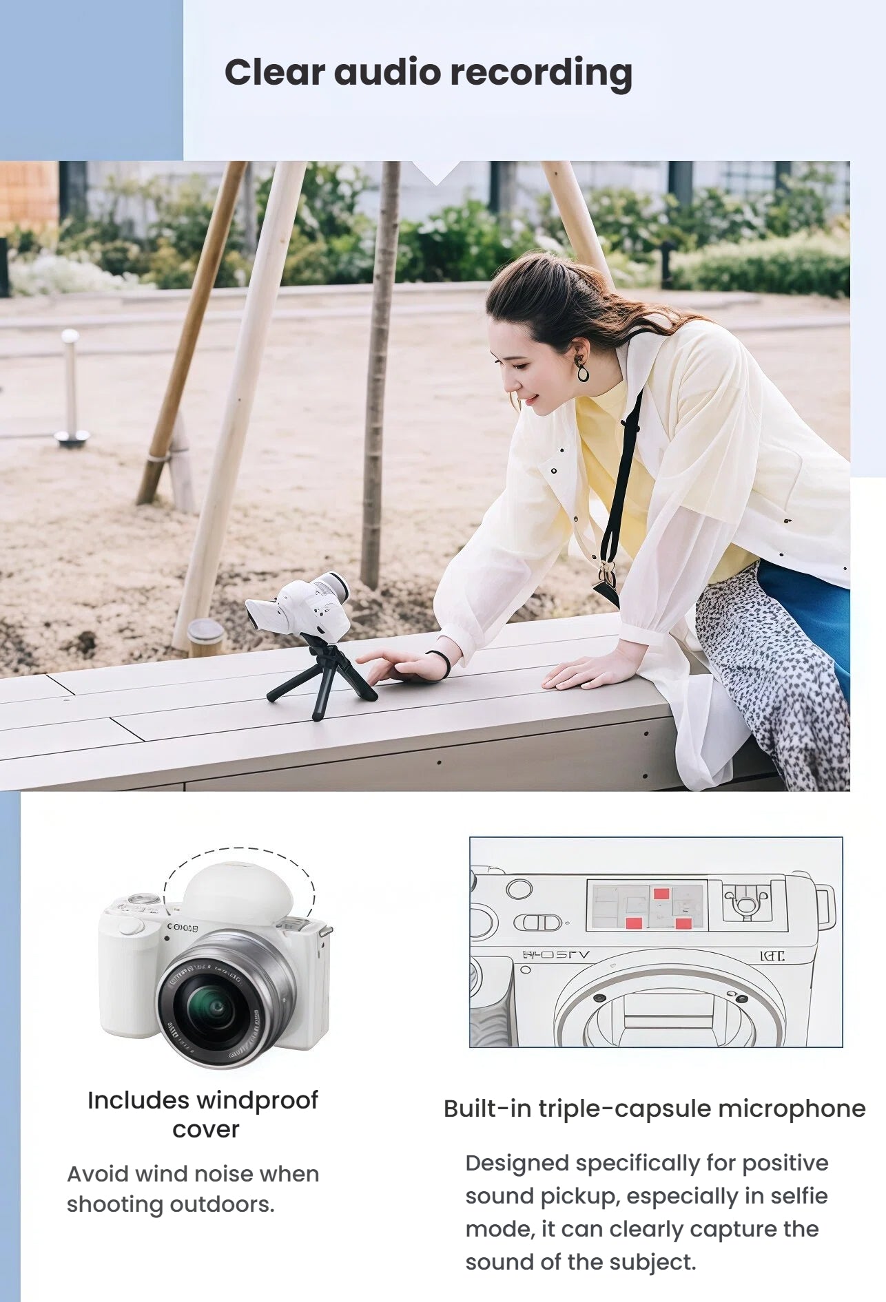 Woman recording outdoors with white Sony ZV-E10 on mini tripod, highlighting windproof cover and built-in triple-capsule mic.