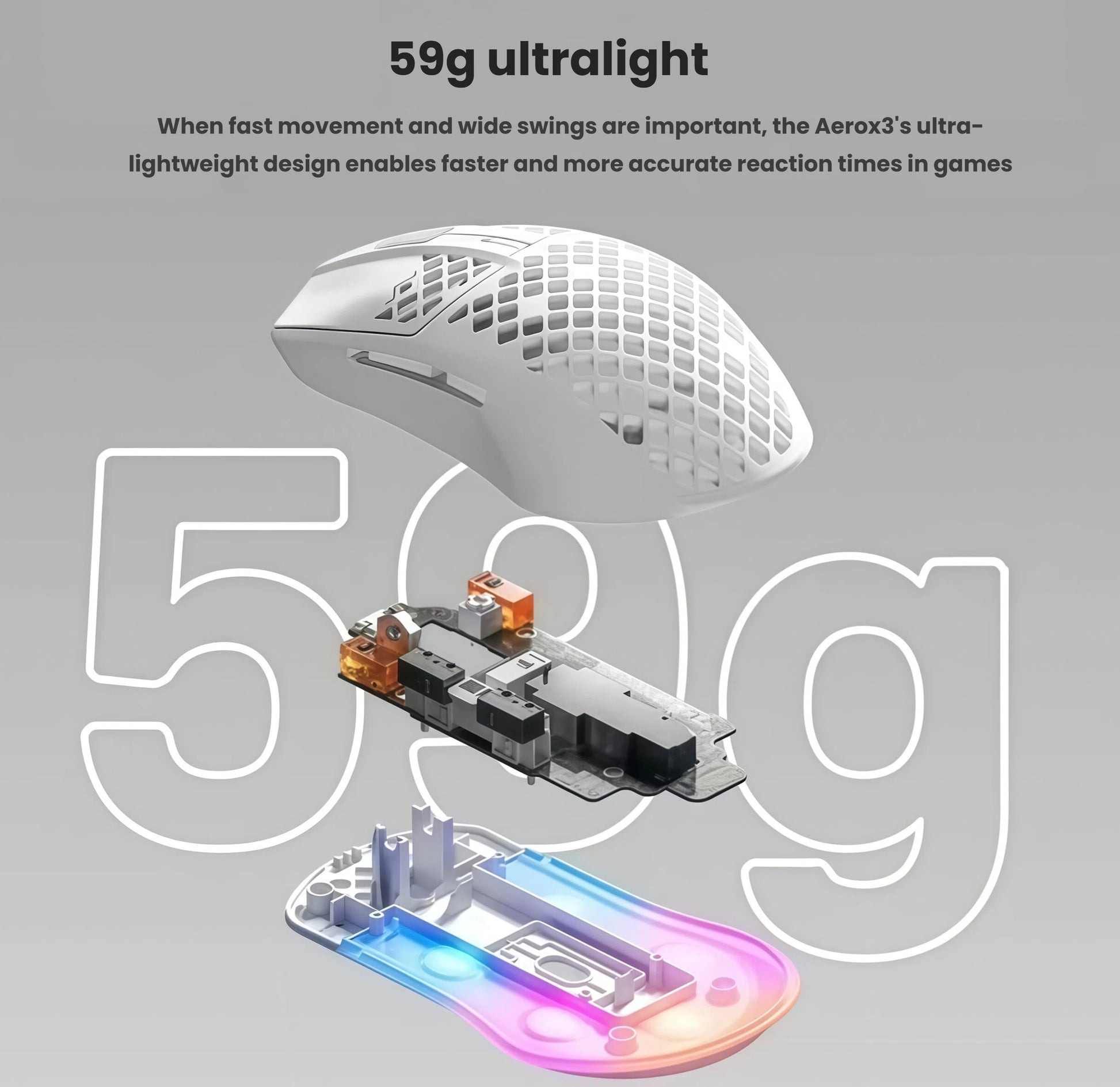 Disassembled view of the SteelSeries Aerox 3 gaming mouse showcasing its 59g ultralight weight. The perforated shell, compact circuit board, and optimized internal structure enable faster movement and wider swings for improved reaction times in competitive gaming.