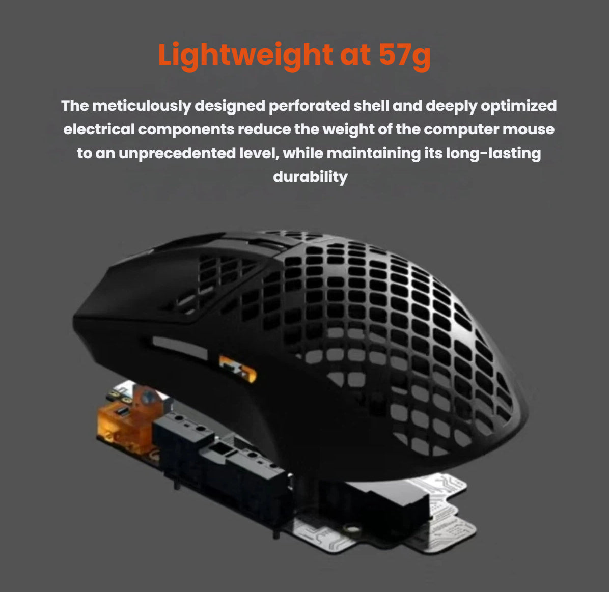 Exploded view of the SteelSeries Aerox 3 gaming mouse showing its meticulously designed perforated shell and optimized internal components. Weighing only 57g, this ultra-lightweight mouse reduces fatigue during long gaming sessions while maintaining durability.
