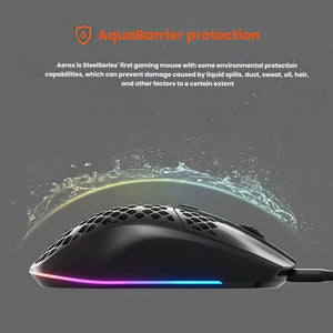 The SteelSeries Aerox 3 gaming mouse features AquaBarrier protection, repelling liquid spills, sweat, dust, oil, and hair. This innovative environmental protection system helps prevent damage from everyday elements, making it ideal for intense gaming sessions.