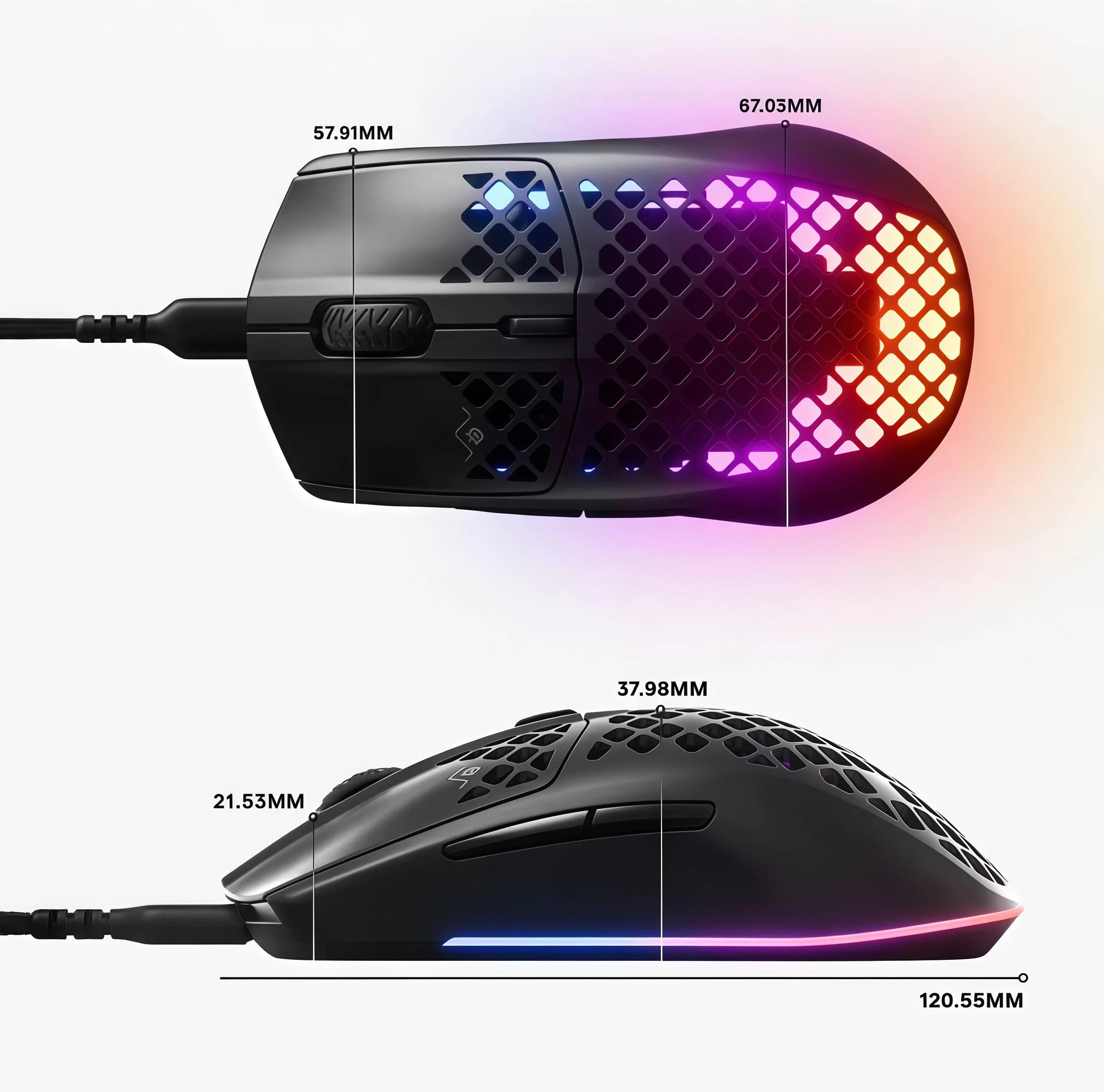 Side and top views of the SteelSeries Aerox 3 gaming mouse with labeled dimensions: 120.55mm (length), 67.05mm (width), 37.98mm (height), and 21.53mm (thickness). The ergonomic shape and lightweight build are designed for comfort and precision during fast-paced gameplay.
