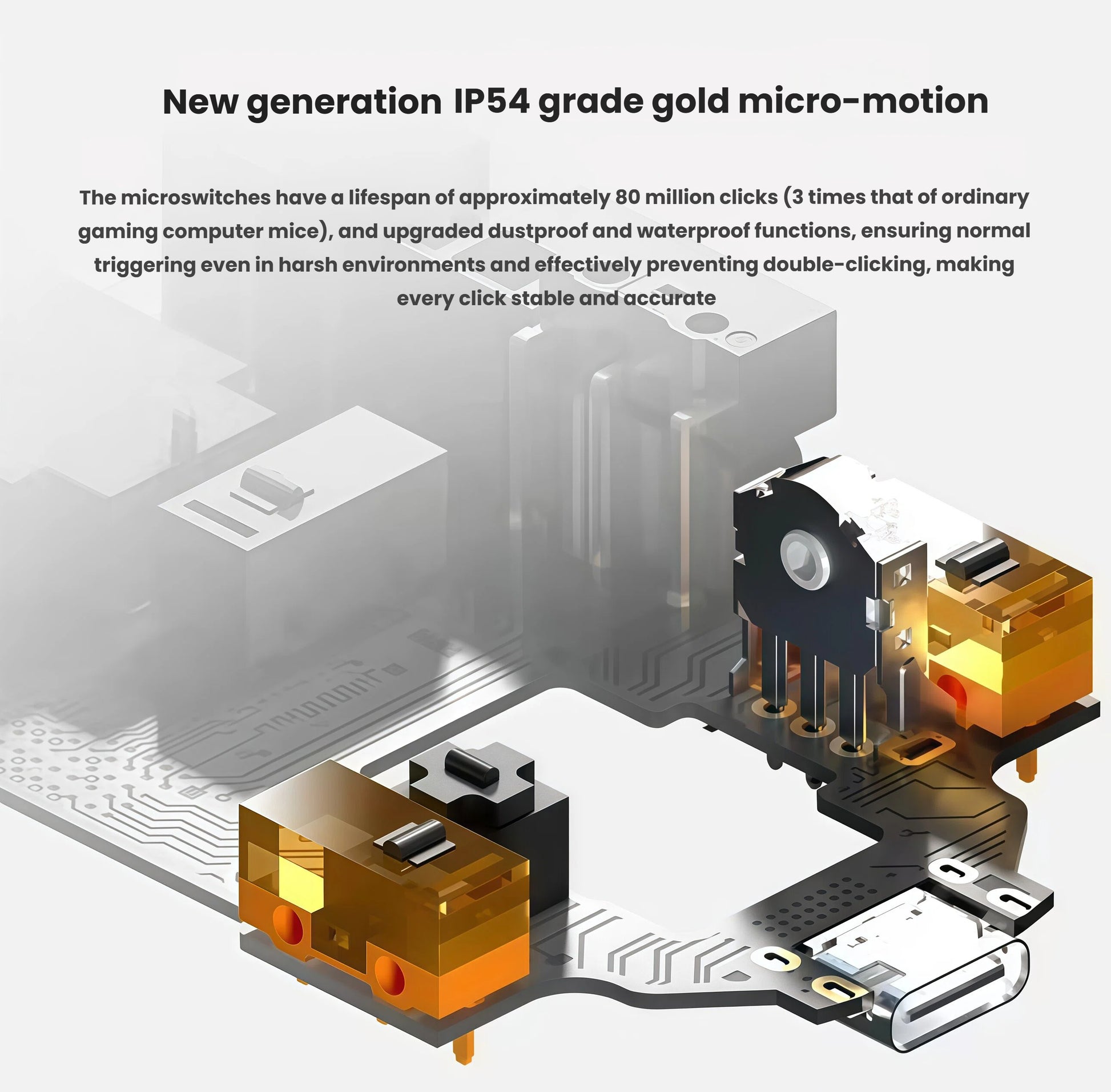 Close-up of the SteelSeries Aerox 3’s new generation IP54-rated gold micro-switches with up to 80 million click lifespan. These upgraded switches offer enhanced dustproof and waterproof protection, preventing double-clicks and ensuring stable, accurate clicks even in harsh environments.